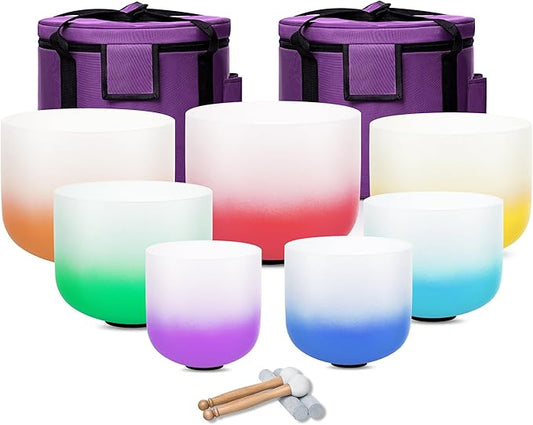 6-12inch 432hz Quartz Crystal Singing Bowls Set of 7, for Healing Mindfulness Meditation Yoga Sound Baths - Bloomnest