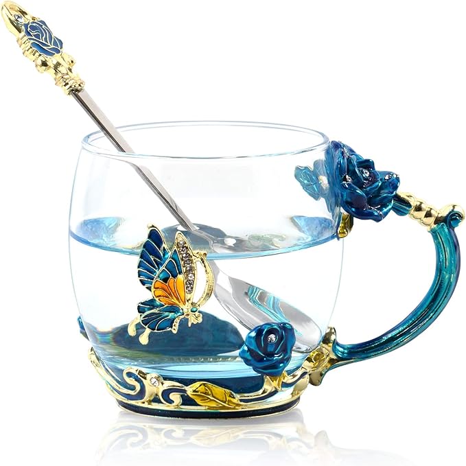 Summer Enamel Camping Tea Mug, Coffee Cup with Spoon Set Clear Glass Handmade Enamel Butterfly Flower,Mother's Day,Father's Day，Birthday,Christmas Gift(11 oz)…