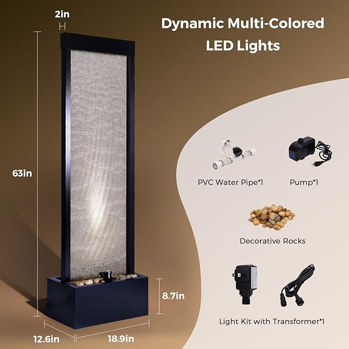 Mesh Panel Waterfall Fountain, Large Indoor Water Feature with Stones & LED Light, 64" Floor Standing Water Wall for Home Decor, Living Room, Patio, Outdoor Garden - Bloomnest