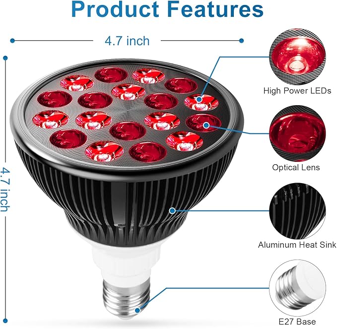 Wolezek Red Light Therapy Bulb, 18 LEDs Red Light for Body and Face with 660nm and 850nm Near-Infrared Combo Wavelength, Infrared Light Therapy Lamp Device for Skin Care Pain Relief (Only Bulb) WOLEZEKLED