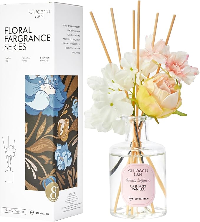 Chloefu Lan Cashmere Vanilla Reéd Diffuser Set with Flowers Reéd Diffuser Sticks, 6.7oz Scent Fragrance Essential Oil Diffuser for Bedroom Bathroom Home Décor Shelf Decor - Bloomnest