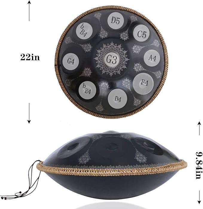 Handpan-Classic 10 Notes Black Print Hand Pan,Premium 432HZ 22 Inches D Minor Steel Handpan Drum Set,Adult's Music Steel Pan Instrument - Bloomnest