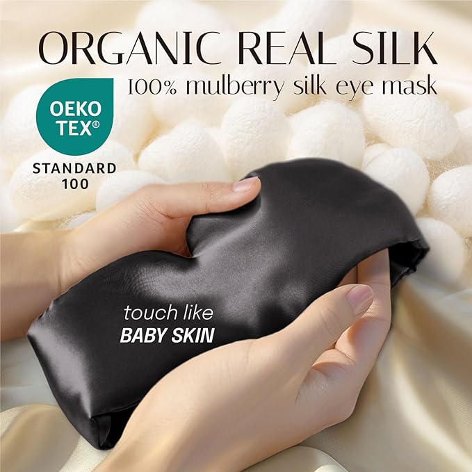 Silk Sleep Mask Soft Pressureless: 100% Mulberry Silk for Eye Skin Anti Wrinkles, Large Size for Total Blackout, Adjustable Wide Velcro Ear Cover