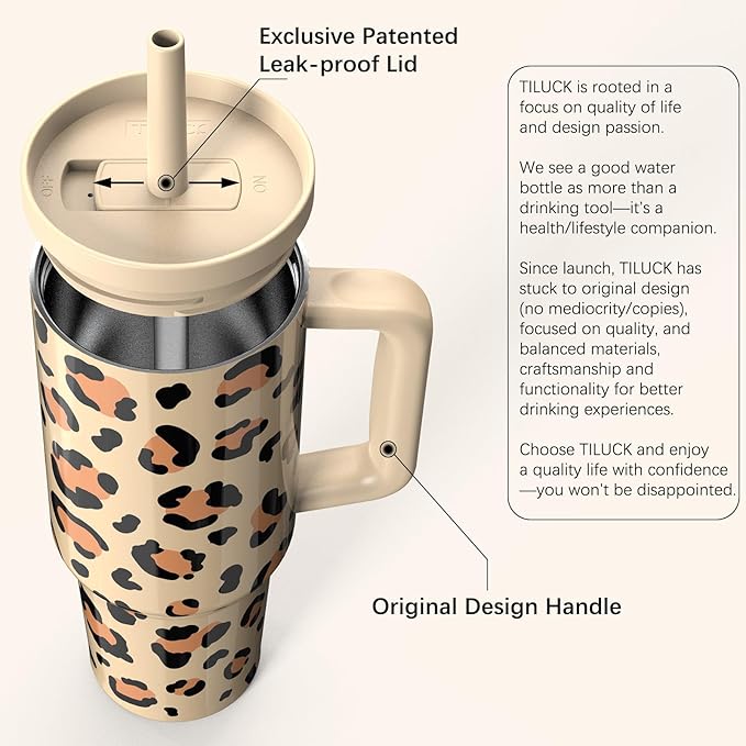 TILUCK 40 oz Tumbler with Handle, Vacuum Insulated Stainless Steel Travel Mug with 100% Leak-Proof Silicone Straw Lid, Cupholder Friendly Water Bottle(Leopard, 40oz)