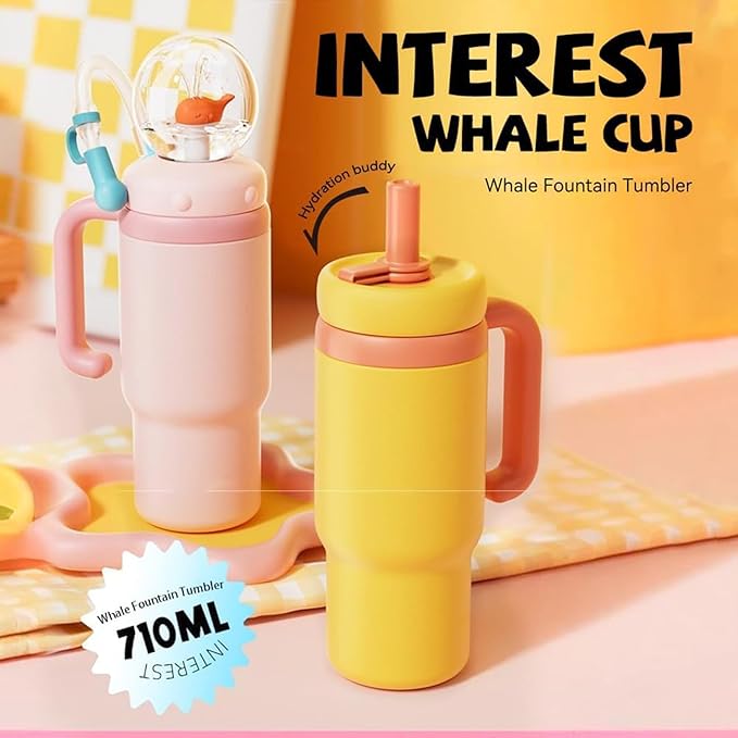 Drinking Cup With Whale Squirt, 24oz Whale Water Bottle with Handle, Insulated Stainless Steel Whale Water Cups With Two Silicone Soft Tip, Leak-Proof Whale Fountain Bottle for Kids Teens (Pink) - Bloomnest