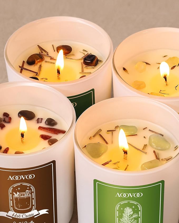 AOOVOO Winter Candles Set for Women - 4 Pack Candles for Home Scented, Aromatherapy Candle with Crystals, 28 oz 200 Hour Long Lasting Candle, Winter Fragrance of Cedar, Fir, Hot Cocoa, Vanilla Cake - Bloomnest
