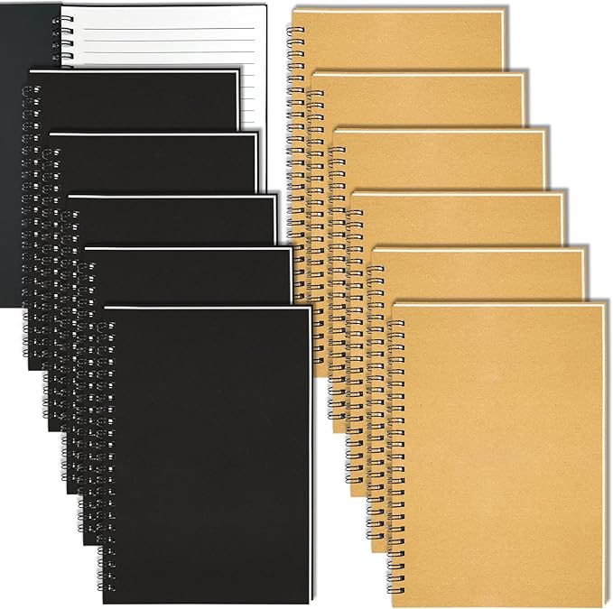 12Pack Small Spiral Notebook A5, 8.25x5.5” 120 Lined Pages Black & Brown Wide Ruled Spiral Journal Bulk Blank Kraft Cover Spiral Bound Notebook & Writing Pads for Home Office Meeting Work Note Taking - Bloomnest