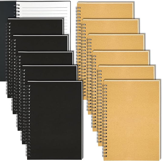 12Pack Small Spiral Notebook A5, 8.25x5.5” 120 Lined Pages Black & Brown Wide Ruled Spiral Journal Bulk Blank Kraft Cover Spiral Bound Notebook & Writing Pads for Home Office Meeting Work Note Taking - Bloomnest