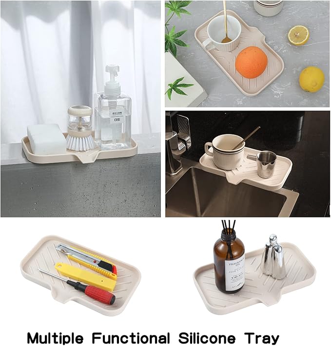 Silicone Bathroom Soap Dishes with Drain Spout-Bathroom and Kitchen Sink Organizer,Sponge Holder,Dish Soap Tray,Perfect for Dispenser,Scrubber,Bottle,Cup on Sink or Counter-Tapioca 9.6"×5.3" - Bloomnest