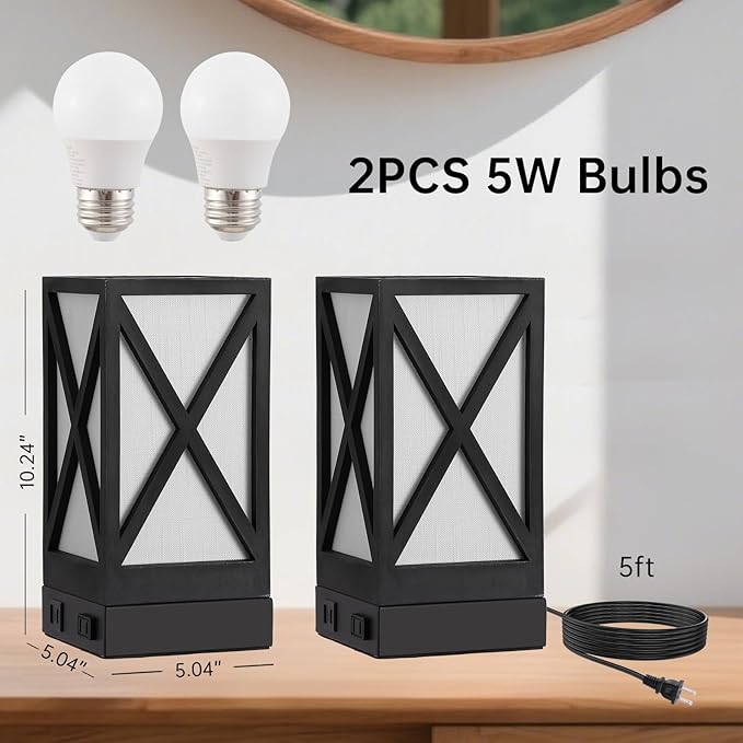 Table Lamp, Set of 2 Rustic Farmhouse Nightstand Lamps, 3 Color Temperatures Desk Lamp with USB Charging Ports AC Outlet Vintage Lamp for Living Room Bed Room, Black - Bloomnest