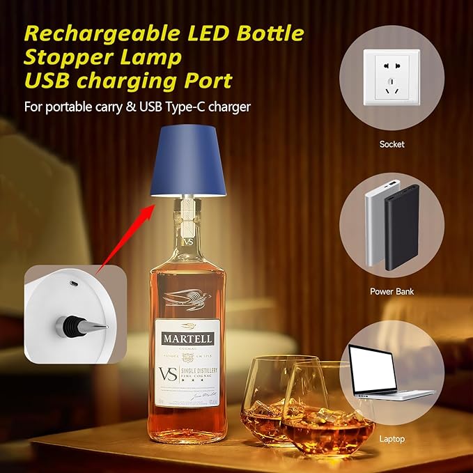 2025 New Wireless Bottle Lamp - LED Bottle Lights for Liquor & Wine Bottles, Cordless Lampshade, Whiskey Bottle Top Light, Bottle Stopper Night Light Kit, Rechargeable 3-Tone Touch-Dimmable - Bloomnest