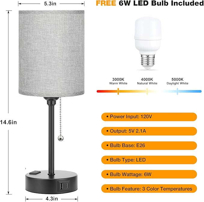 Grey Nightstand Lamps 3 Color Temperatures - 3000K 4000K 5000K Bedside Lamps with USB C and A Ports, Pull Chain Table Lamps with AC Outlet, Small Lamps with Black Metal Base for Sleeping Reading - Bloomnest