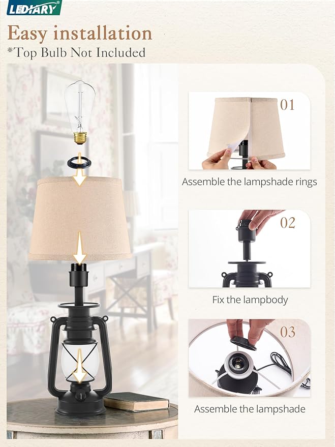 LEDIARY 18.72" Black LED Lantern Flickering Flame Table Lamps for Bedrooms Set of 2, Small Farmhouse Rustic End Table Lamps, Halloween Decorative Lantern Bedside Lamps for Living Room - Bloomnest