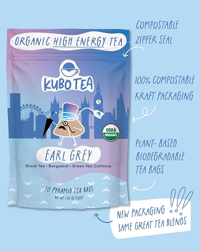 Kubo Tea Earl Grey Black Tea - Organic High Caffeine Energy Blend - 20 Pyramid Tea Bags (155mg Caffeine each) - Healthy Sugar Free Coffee Substitute for Hot and Iced Drinks - Biodegradable Packaging - Bloomnest