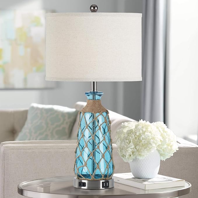 Coastal Glass Table Lamps, 3-Way Dimmable Touch Control Bedside Lamps with 2 USB Ports and AC Outlet, Teal Nautical Nightstand Lamps for Bedroom Living Room (LED Bulbs Included) - Bloomnest