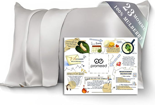 PROMEED 100% Mulberry Silk Pillowcase for Hair and Skin with Zipper, 23 Momme, Both Sides Pure Silk Pillow Case, Grade 6A+ Real Silk Case (Standard 20"x26", Light Grey) - Bloomnest