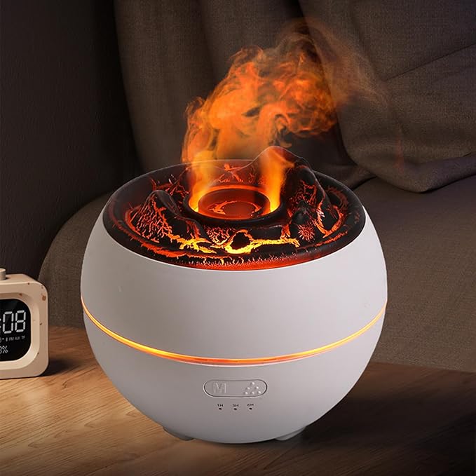 Essential Oil Diffuser, Volcano Flame Fire Oil Diffuser, 360ml Ultrasonic Cool Mist Aromatherapy Humidifier, Scent Diffuser with 7 Colors Light, Timer & Auto Shut-Off for Home, Room (White) - Bloomnest