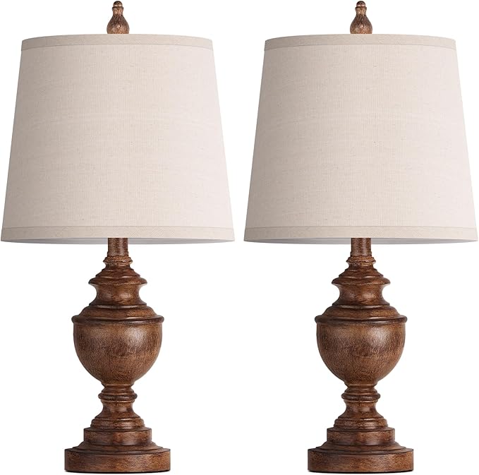 PARTPHONER Retro Table Lamps Set of 2, Bedside Lamp for Bedroom Rustic Farmhouse Table Lamps for Living Room, Vintage Nightstand Lamps with White Shades, Wood Grain - Bloomnest