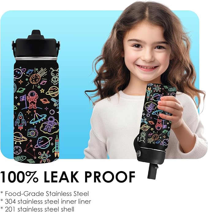 Space Gifts for Kids - 16oz Insulated Water Bottle with Straw Lid, Stainless Steel Leakproof Tumbler, Leak Proof, BPA-Free, for Boys Daily Use, Travel - Space Lovers Children Birthday Gift Cup (1pc) - Bloomnest