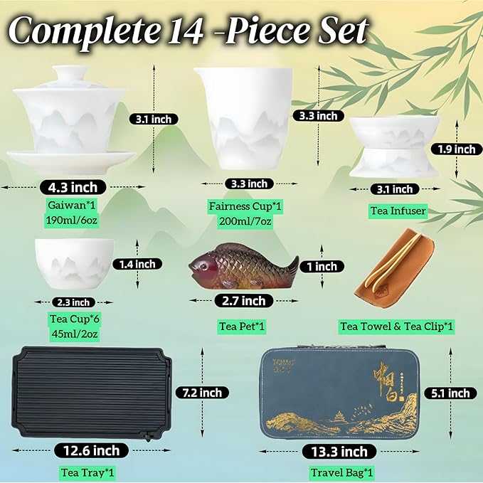 ICHAG Chinese Tea Set, Gongfu Tea Sets for Adults, China Gaiwan Teaset, 14-Piece Yangzhi Jade (茶具) Porcelain Set with Suspended Gaiwan & Tea Pet, Portable Travel Teaset for Home, Outdoor, Office Gifts - Bloomnest
