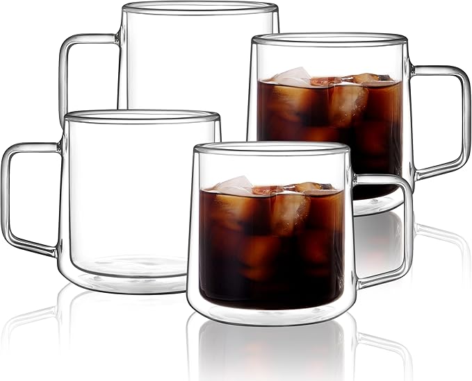 CNGLASS 15oz(4-pack) Double Walled Glass Coffee Mugs,Large Insulated Glass Mugs with Handle,Clear Coffee Cups for Espresso,Latte,Cappuccino,Tea - Bloomnest