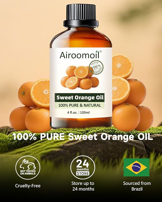Sweet Orange Essential Oil 4 fl oz, 100% Pure Natural Citrus Oil for Diffuser Use, Natural Cleaning and DIY Soap & Candle Making, Fresh Orange Aroma for Home Fragrance, Large Bottle for Airoomoil