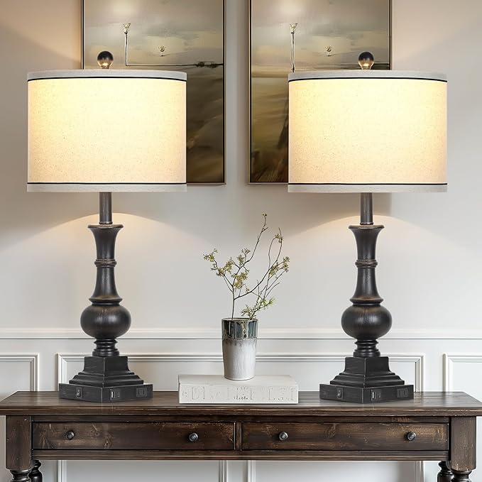 Farmhouse Lamps Set of 2, Vintage Rustic Black Table Lamps with USB A+C Fast Ports & AC Outlets, Traditional Nightstand Bedside Lamp for Living Room Bedrooms Home Office(2 LED Bulbs Included) - Bloomnest