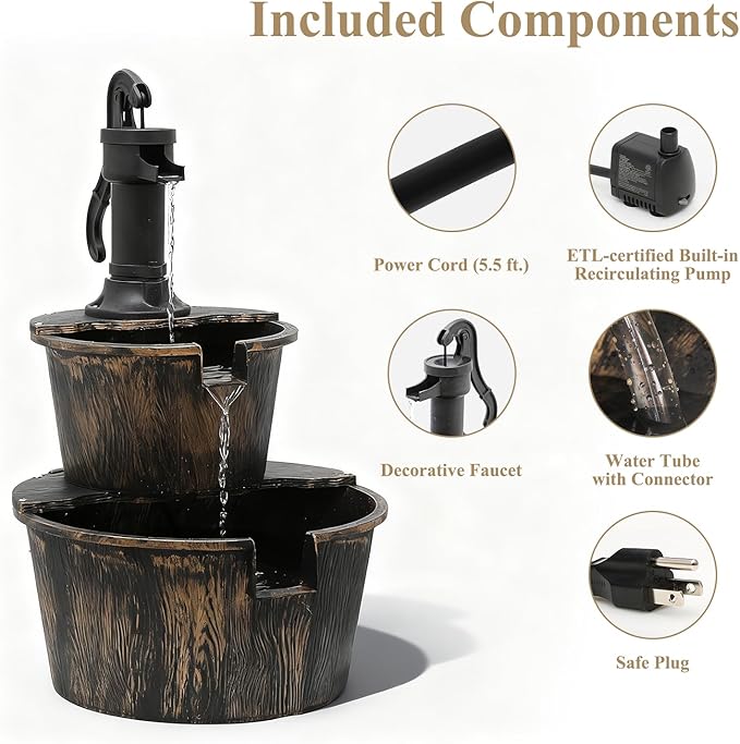 Athena Collection 27'' Height Electric Waterfall Fountain 2 Tier Stepped Barrel Vintage Fountain Polypropylene with Pump Freestanding Floor Tabletop Fountain for Outside, Patio, Garden, Bronze - Bloomnest