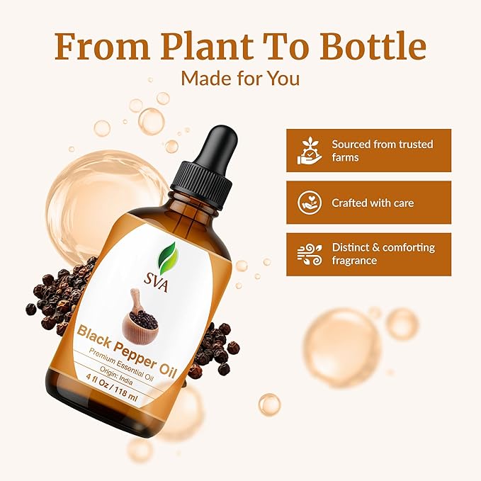 SVA Black Pepper Essential Oil – 4 Fl Oz – 100% Natural Black Pepper Oil - for Diffuser, Hair Care, Face, Skin Care, Aromatherapy, Scalp and Body Massage, Soap and Candle Making – with Dropper - Bloomnest