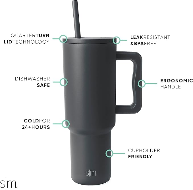 Simple Modern 40 oz Trek Tumbler with Handle and Straw Lid | Cup Holder Friendly Insulated Stainless Steel Travel Mug | Graphite SimpleModern