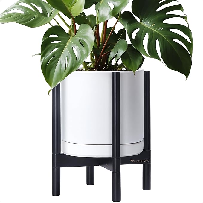 D'vine Dev Ceramic Planter with Ebony Stand - 12 Inch Modern Round Flower Pot with Wood Planter Holder, White, 55-B-H-1 - Bloomnest