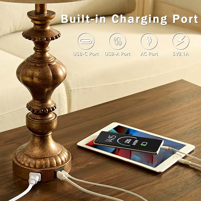 27.5" Farmhouse Table Lamps Set of 2 Bedside Nightstand Lamp with USB C+A Ports & AC Outlet, 3 Way Dimmable Touch Lamps for Bedroom Living Room Office Rustic Lamp (Rotary Switch-Copper) - Bloomnest