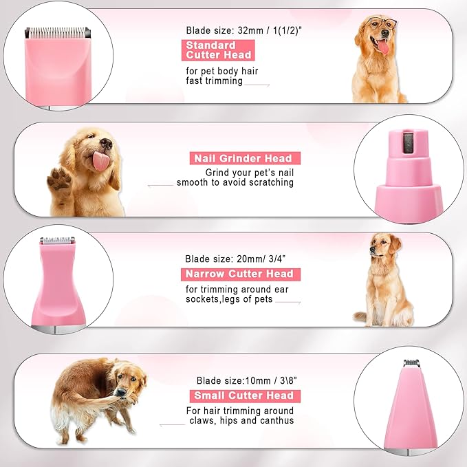 Dog Grooming Clippers Kit-Electric Rechargeable Cat Trimmer Tools-Cordless Quiet Pet Nail Paw Grinder-4 in 1 Multifunctional Low Noise Shaver-Razor for feet Face Ears Toenail Eye（Pink） - Bloomnest