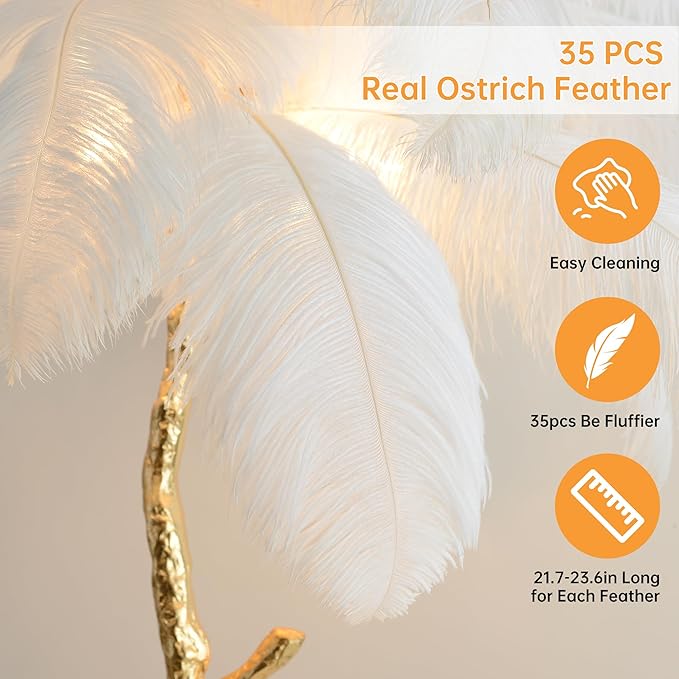 MAYOLA Luxury Resin Ostrich Feather Lamp, 35 Pieces Real Ostrich Feathers,Floor Lamp,for Living Room, Bedroom and Office 67” Tall Feather Lamp(White, Floor Lamp) - Bloomnest
