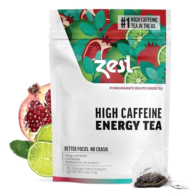 Zest Energy Green Tea – Pomegranate Mojito High Caffeine Tea Bags for Focus & Morning Energy – Natural Caffeinated Tea with 135mg Caffeine – Coffee Substitute – 20Ct Pack, Non-GMO & Keto Friendly - Bloomnest