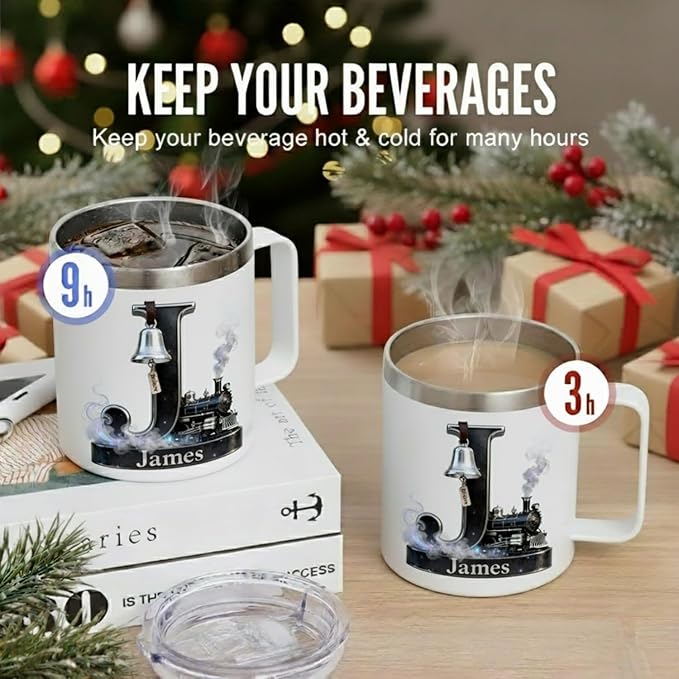 Personalized Polar Express Mug with Believe Bell & Custom Name - 14oz Insulated Hot Chocolate Tumbler with Lid - Magical Christmas Train Gift for Kids, Family (B69) - Bloomnest
