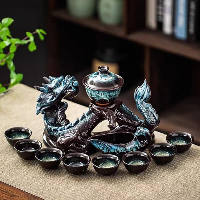 Chinese Gongfu Tea Set - Ceramic Teapot with Infuser, 8 Cups, Semi Automatic Dragon Design for Loose Leaf Tea