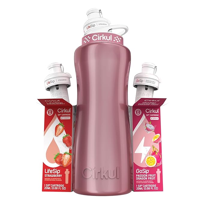 Cirkul 32oz. Rose Gold Stainless Steel Water Bottle Starter Kit with Rose Gold Lid and 2 Flavor Cartridges (1 LifeSip Strawberry, 1 GoSip Passion Fruit Dragon Fruit) No Sugar, Zero Calorie Drink Mix Cirkul