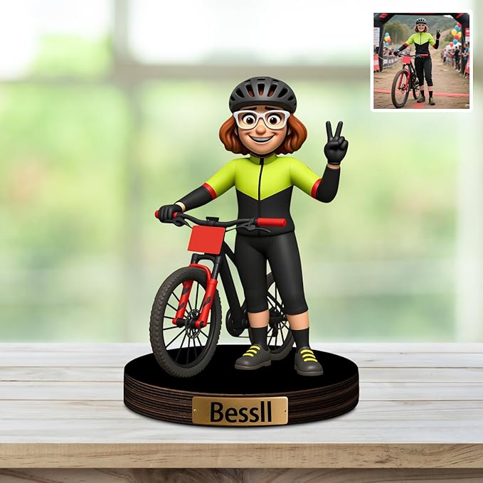 Custom Bicycle Cycling Biker Photo Cartoon Style Desk Decor with Wooden Base, Personalzied Cycling Biker Lover Cartoon Picture Portrait Sculpture Frame Acrylic Sign Plaque Gifts for Women Men - Bloomnest