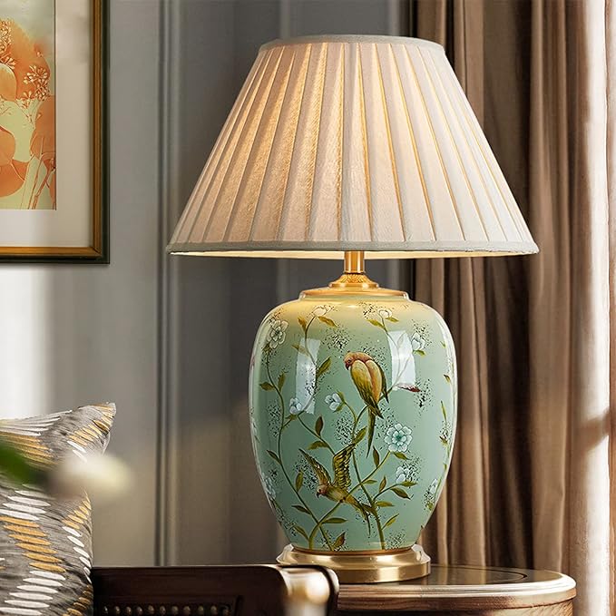 Green Flower and Bird Ceramics Table Lamp 25.5" Chinoiserie Lamp American Handmade Beige Linen Drum Shade Decor for Living Room Bedroom House Bedside Home - Bloomnest