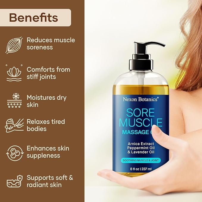 Sore Muscle Massage Oil for Massage Therapy 8 fl oz - Refreshing and Relaxing - Natural Oils with Arnica, Peppermint and Lavender Oil - for Men and Women - Nexon Botanics - Bloomnest