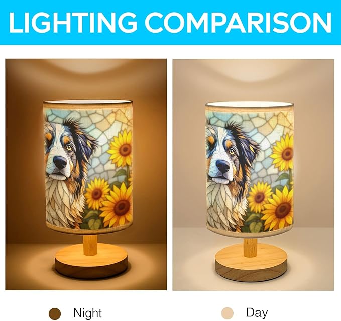 Australian Shepherd Table Lamp LED 3-Color Pressed Bedside, Dog Shade Lamp with Wood Base for Bedroom Living Room Desk Office - Bloomnest
