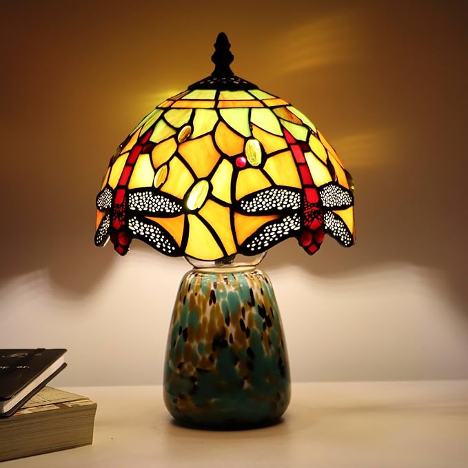 Tiffany Mushroom Table Lamp Dragonfly Style Yellow Stained Glass Accent Lamp Brown Blue Glass Base 8X8X12 Inch - Bloomnest