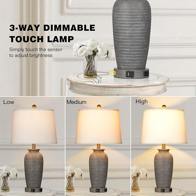 25" Farmhouse Jar Table Lamps Set of 2, 3 Way Touch Control Rustic Bedside Lamps with USB A+C Ports & AC Outlet, Pot Nightstand Lamps for Bedroom Living Room (LED Bulbs Included) - Bloomnest