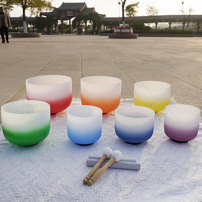 KVKA 432Hz 6-12" Set of 7 pcs Aria Colored Quartz Crystal Singing Bowl Sound Healing Tuned Bell with Carrying Case