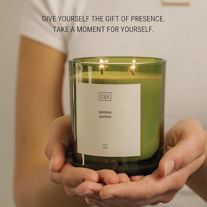 Craft & Kin 12oz Bamboo Jasmine Christmas Candle for Home | Premium Green Scented Candles for Men | Winter Candles Made with Natural Soy | Holiday Candle Gifts for Men and Women | Nature Collection - Bloomnest