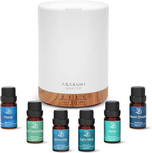 ASAKUKI Essential Oil Diffuser, Aromatherapy Cool Mist Home Humidifier with 7 LED Color Changing Light and Auto-Off Safety Switch, 6 Essential Oils Set, 300ml (Brown with Oils) - Bloomnest
