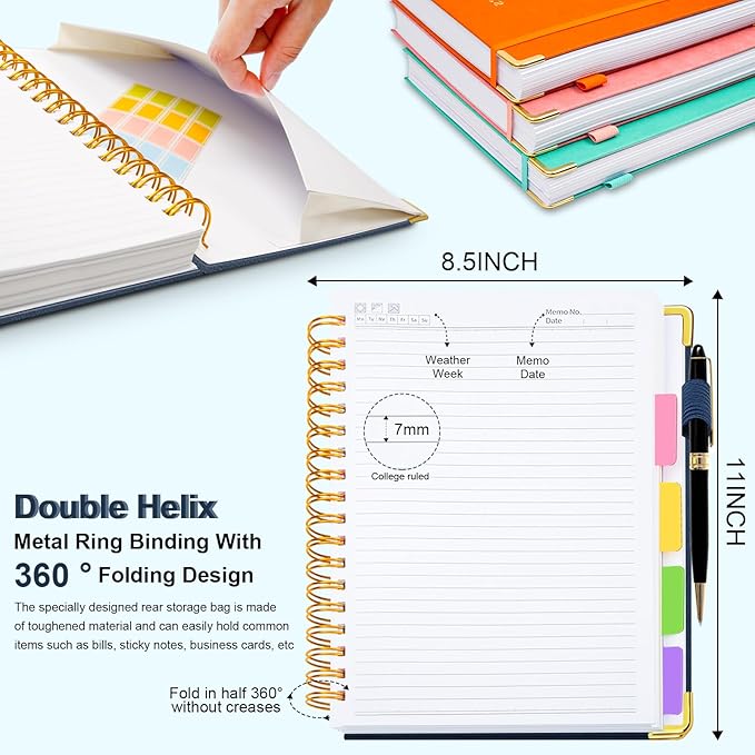 Hardcover Spiral Notebook 8.5"x11" Journal Notebook with Tabs and Removable Dividers 300 Pages 5 Subject Notebook College Ruled, Faux Leather Spiral Bound Notebook for Women School Work(Dark Blue) - Bloomnest