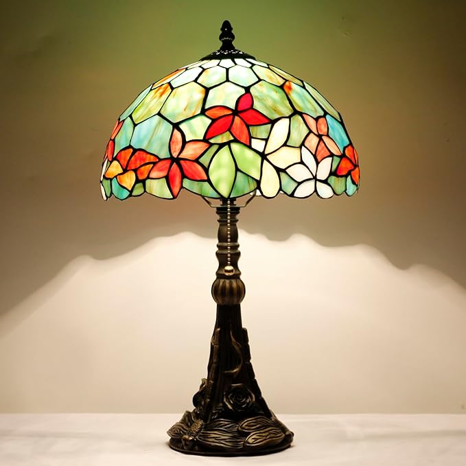 Tiffany Stained Glass Table Lamp 12X12X19 Inch Green Red Flowers Style Desk Bedroom Living Room Reading Light (Red Flowers Style) - Bloomnest