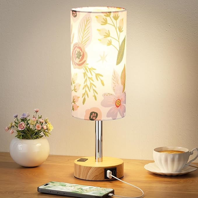 Fenmzee Floral Touch Lamp for Bedroom- 3 Way Dimmable Bedside Lamp USB C A Charging Ports and AC Outlet, Small Table Lamp Floral Linen Lampshade for Gift, LED Bulb Included - Bloomnest